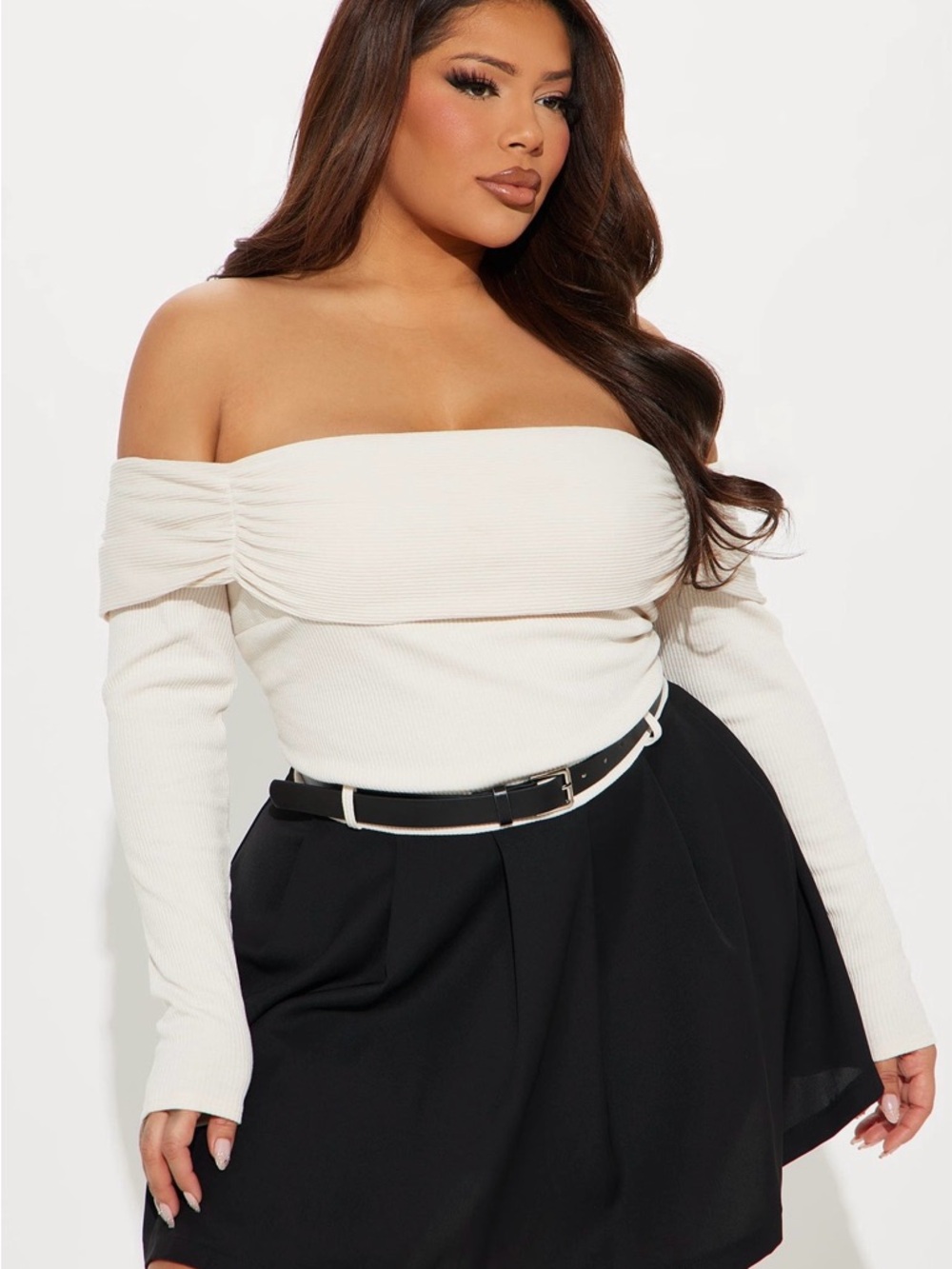 Off-Shoulder Ribbed Top in Cream